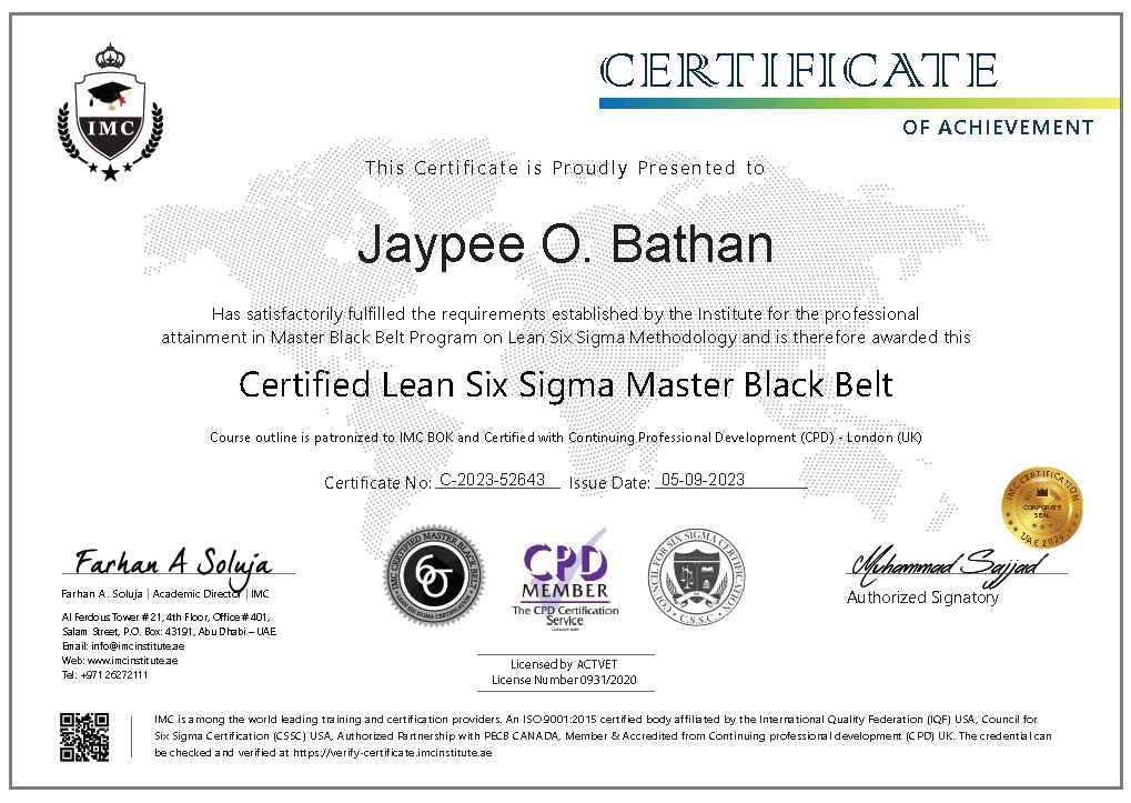 Jaypee O Bathan The Council For Six Sigma Certification 3949